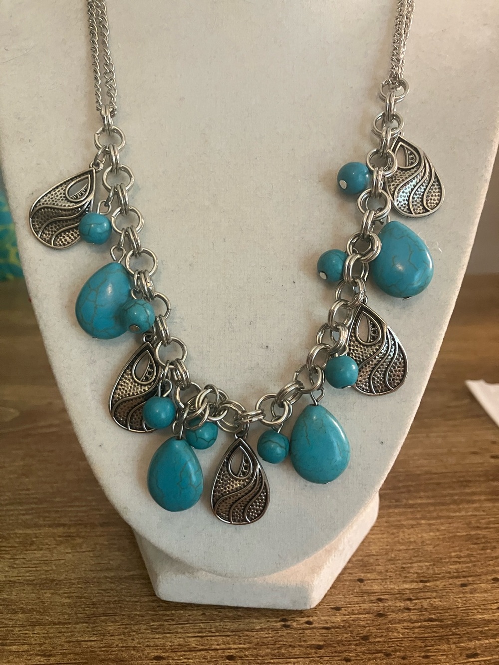 Turquoise Teardrop Charm Necklace with Silver Accents
